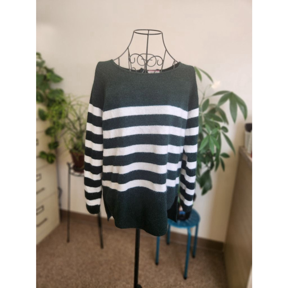 ANDRÉE BY UNIT Green & White Striped Crew Neck Sweater M